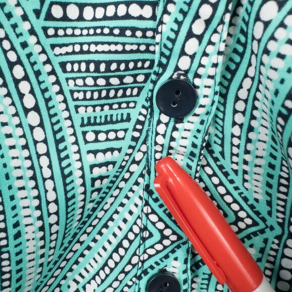 Catherines Button Front Top 3/4 Roll Tab Sleeve Womens 3X Aqua Green Geo Print - Picture 10 of 16